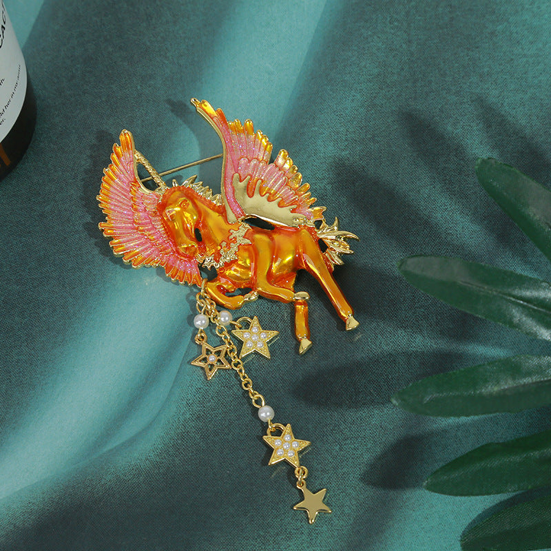 Vintage Enamel Pegasus Brooch Pin with Celestial Stars and Pearls for Women