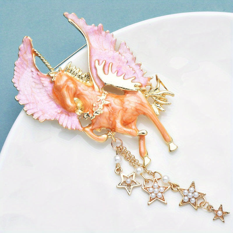 Vintage Enamel Pegasus Brooch Pin with Celestial Stars and Pearls for Women
