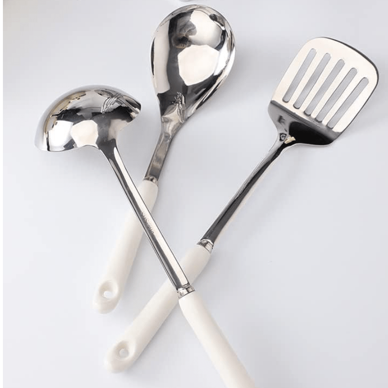 Set of 7 Stainless Steel Kitchen Utensils with Ceramic Handles for Cooking and Baking