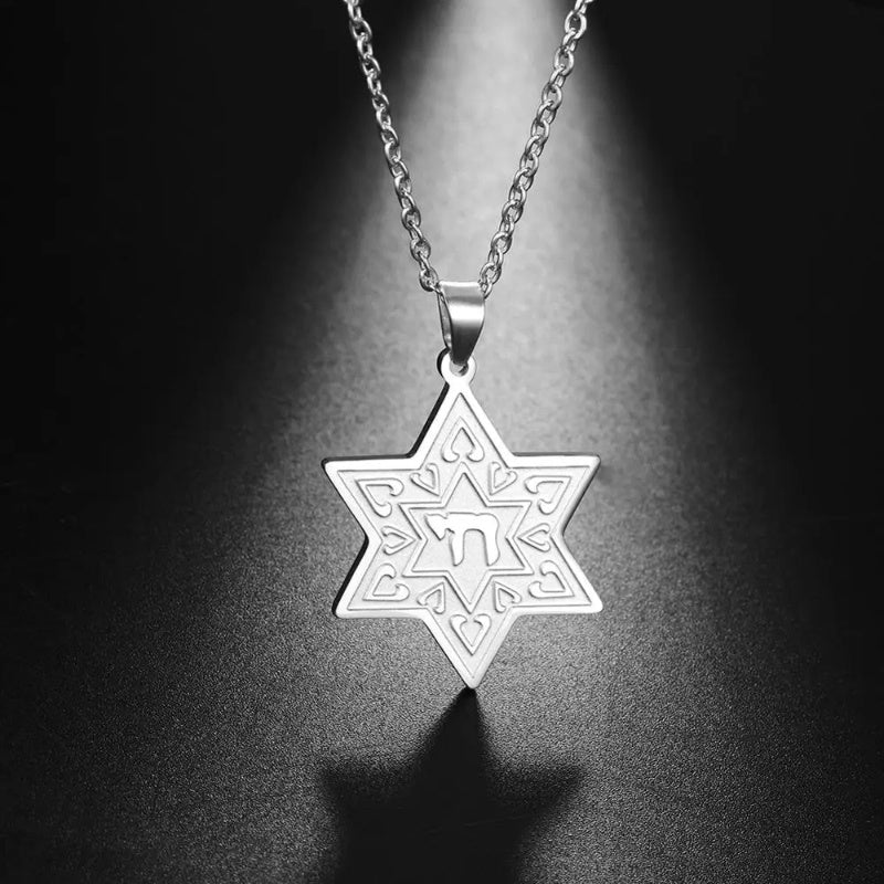 Hexagonal Star of David Pendant Necklace Titanium Steel Hebrew Letter Charm Religious Jewelry for Men Women