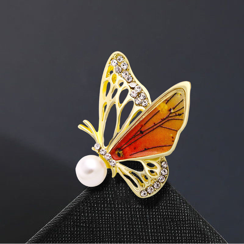 Enamel Butterfly Brooch with Rhinestones and Imitation Pearl for Suit Accessories