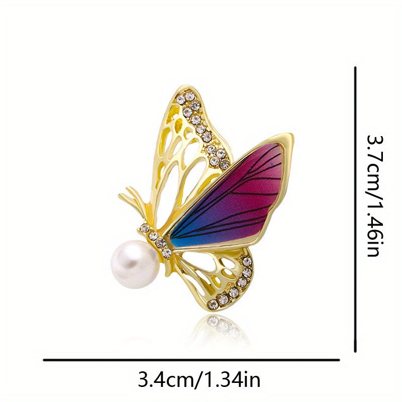 Enamel Butterfly Brooch with Rhinestones and Imitation Pearl for Suit Accessories