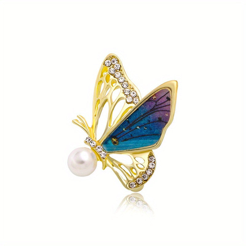 Enamel Butterfly Brooch with Rhinestones and Imitation Pearl for Suit Accessories
