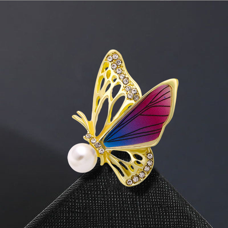 Enamel Butterfly Brooch with Rhinestones and Imitation Pearl for Suit Accessories