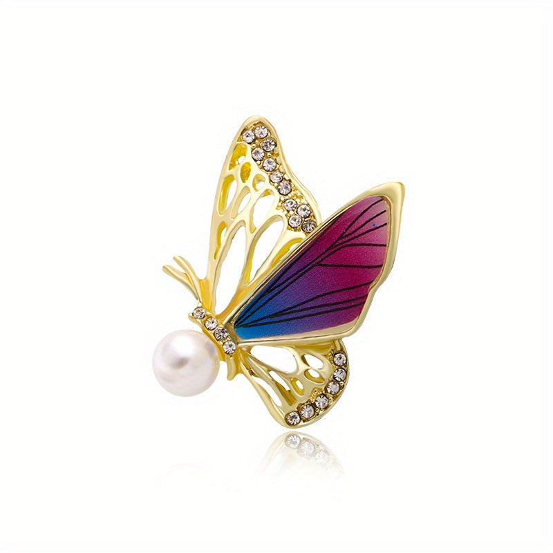 Enamel Butterfly Brooch with Rhinestones and Imitation Pearl for Suit Accessories