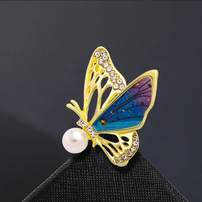 Enamel Butterfly Brooch with Rhinestones and Imitation Pearl for Suit Accessories