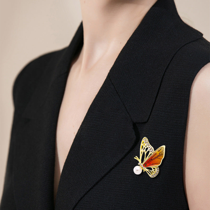 Enamel Butterfly Brooch with Rhinestones and Imitation Pearl for Suit Accessories