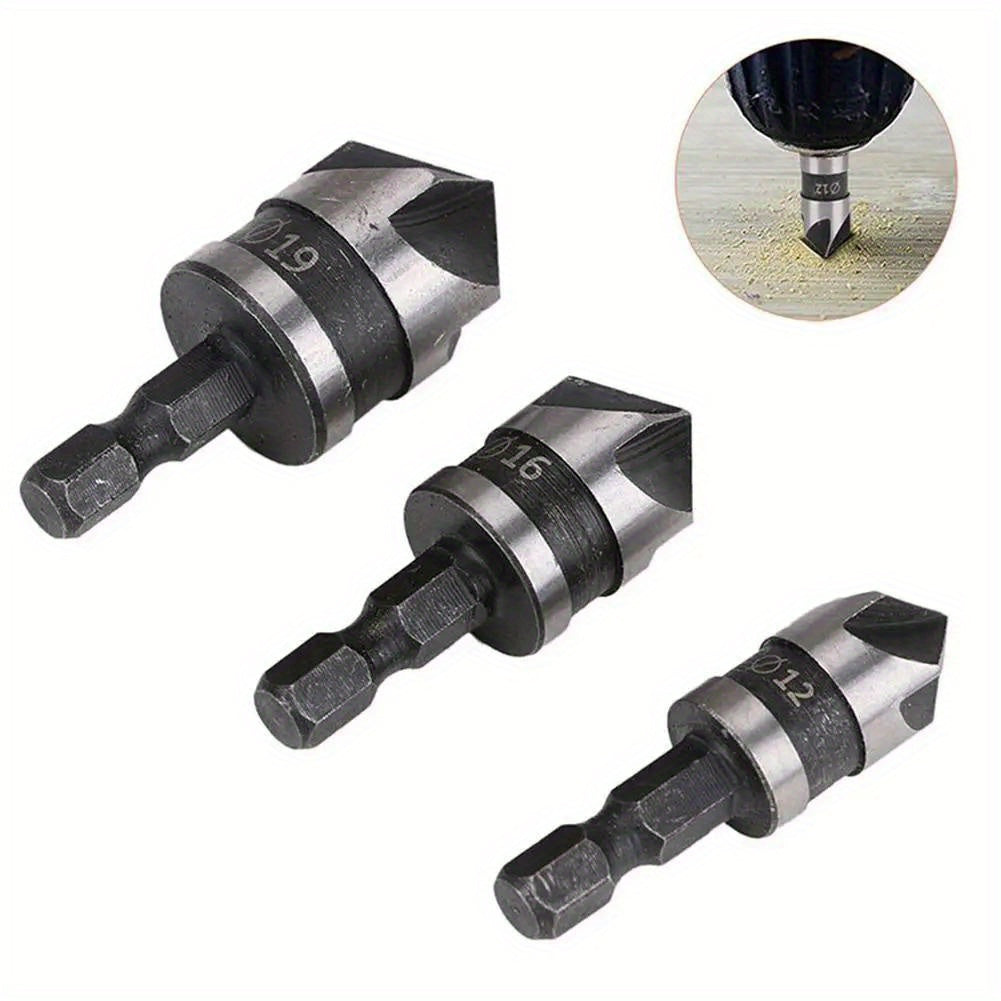 3Pcs Carbon Steel 90-Degree 1/4 Inch Hex Shank Counterbore Drill Bits for Woodworking