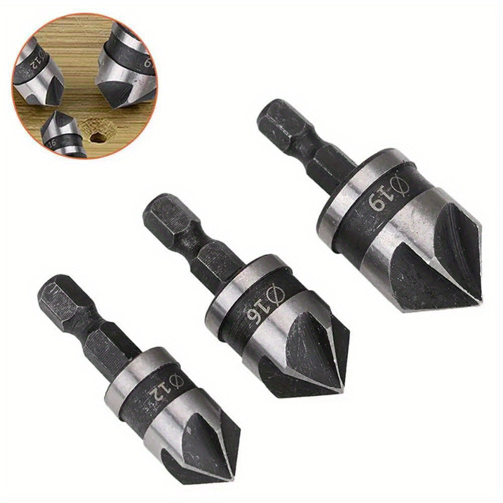 3Pcs Carbon Steel 90-Degree 1/4 Inch Hex Shank Counterbore Drill Bits for Woodworking