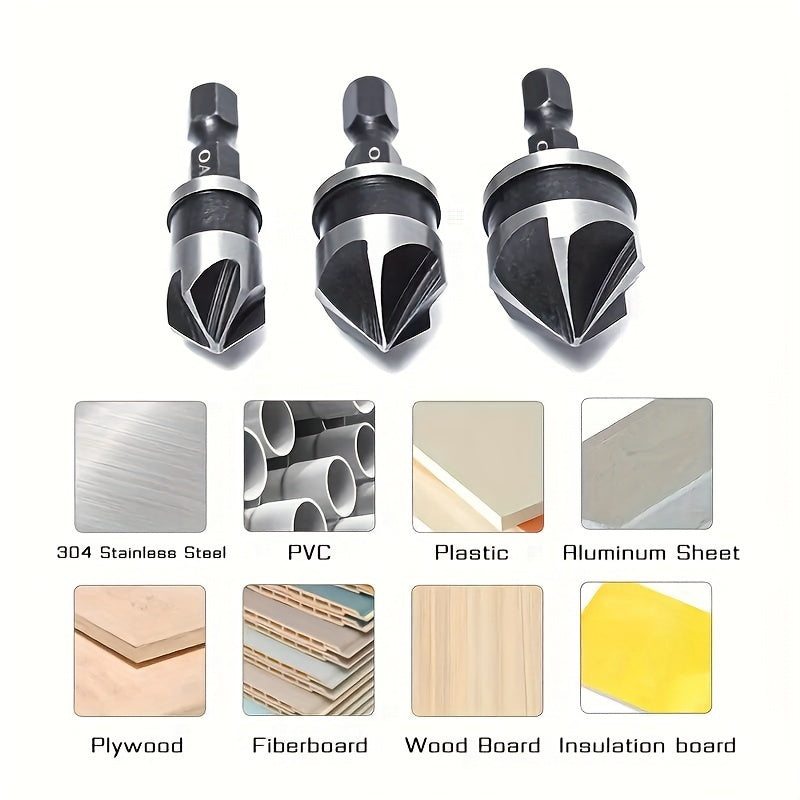 3Pcs Carbon Steel 90-Degree 1/4 Inch Hex Shank Counterbore Drill Bits for Woodworking