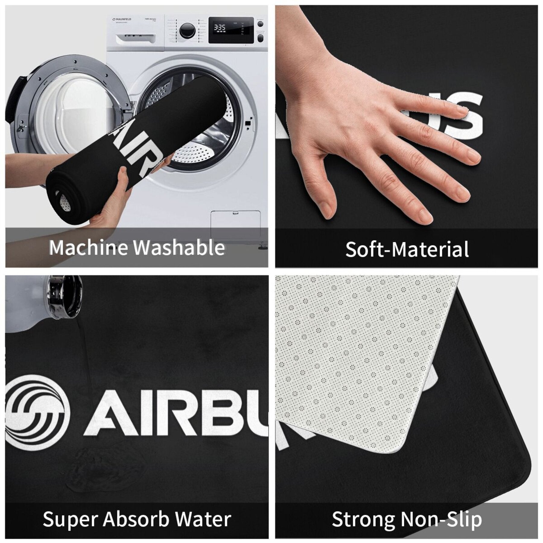 Airbus logotipi, sirpanmaydigan eshik oldi gilami, yengil polyester ichki kutib olish mato, tozalash oson, to'rtburchak shakli, sirpanmaydigan orqa qismi, bezakli kirish gilami