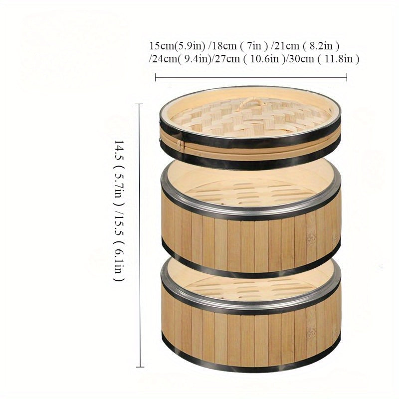 Cesta de bambú con tapa de acero inoxidable para dumplings, mariscos, verduras, uso en el hogar y al aire libre