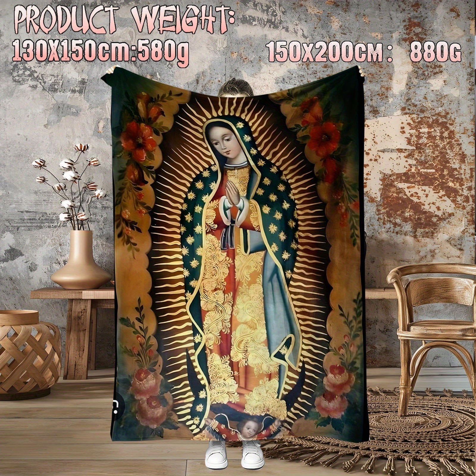 Virgin of Guadalupe Prayer Pattern Flannel Fleece Throw Blanket Soft Lightweight for Home Travel