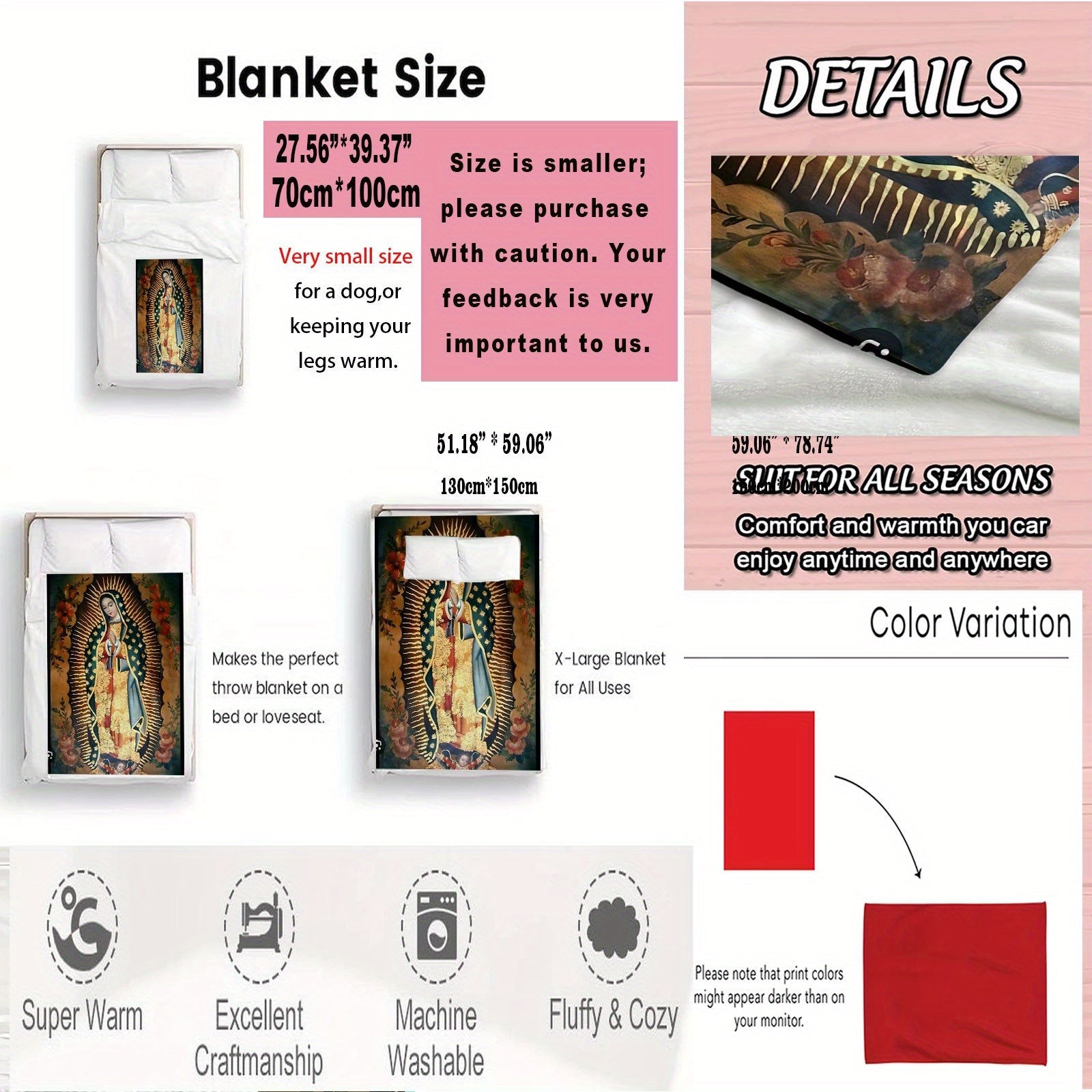 Virgin of Guadalupe Prayer Pattern Flannel Fleece Throw Blanket Soft Lightweight for Home Travel