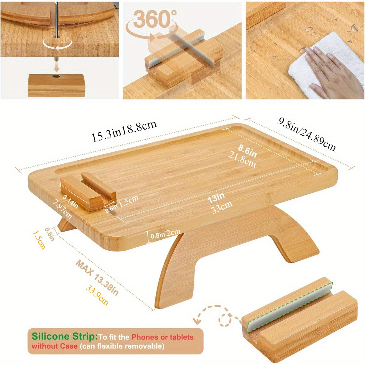 Foldable Bamboo Sofa Side Table with 360° Phone Holder for Snacks and Drinks