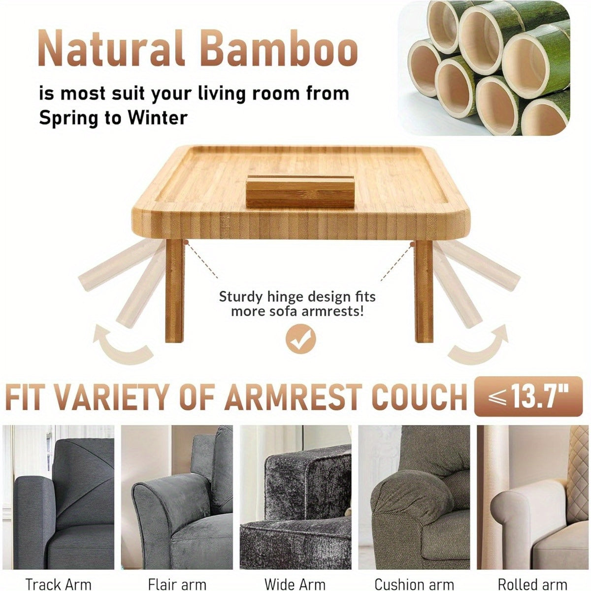Foldable Bamboo Sofa Side Table with 360° Phone Holder for Snacks and Drinks