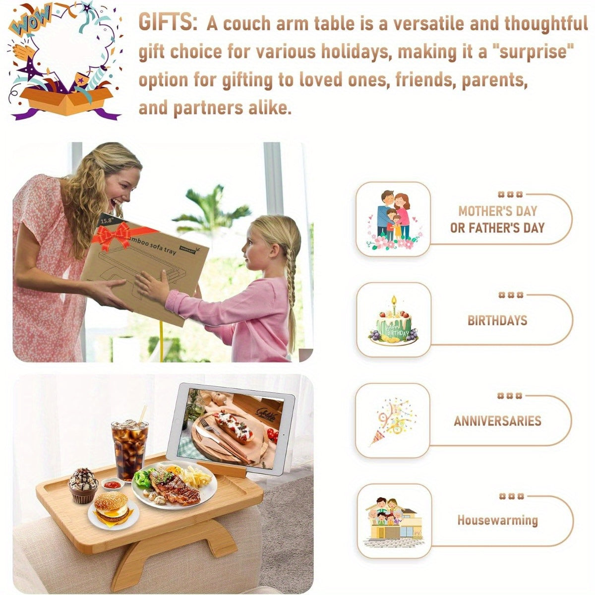 Foldable Bamboo Sofa Side Table with 360° Phone Holder for Snacks and Drinks