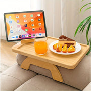 Foldable Bamboo Sofa Side Table with 360° Phone Holder for Snacks and Drinks