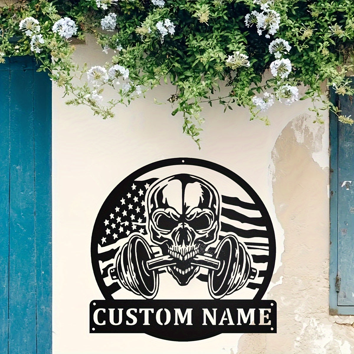 Black Metal Sign with US Flag and Skull Design for Gym Wall Art
