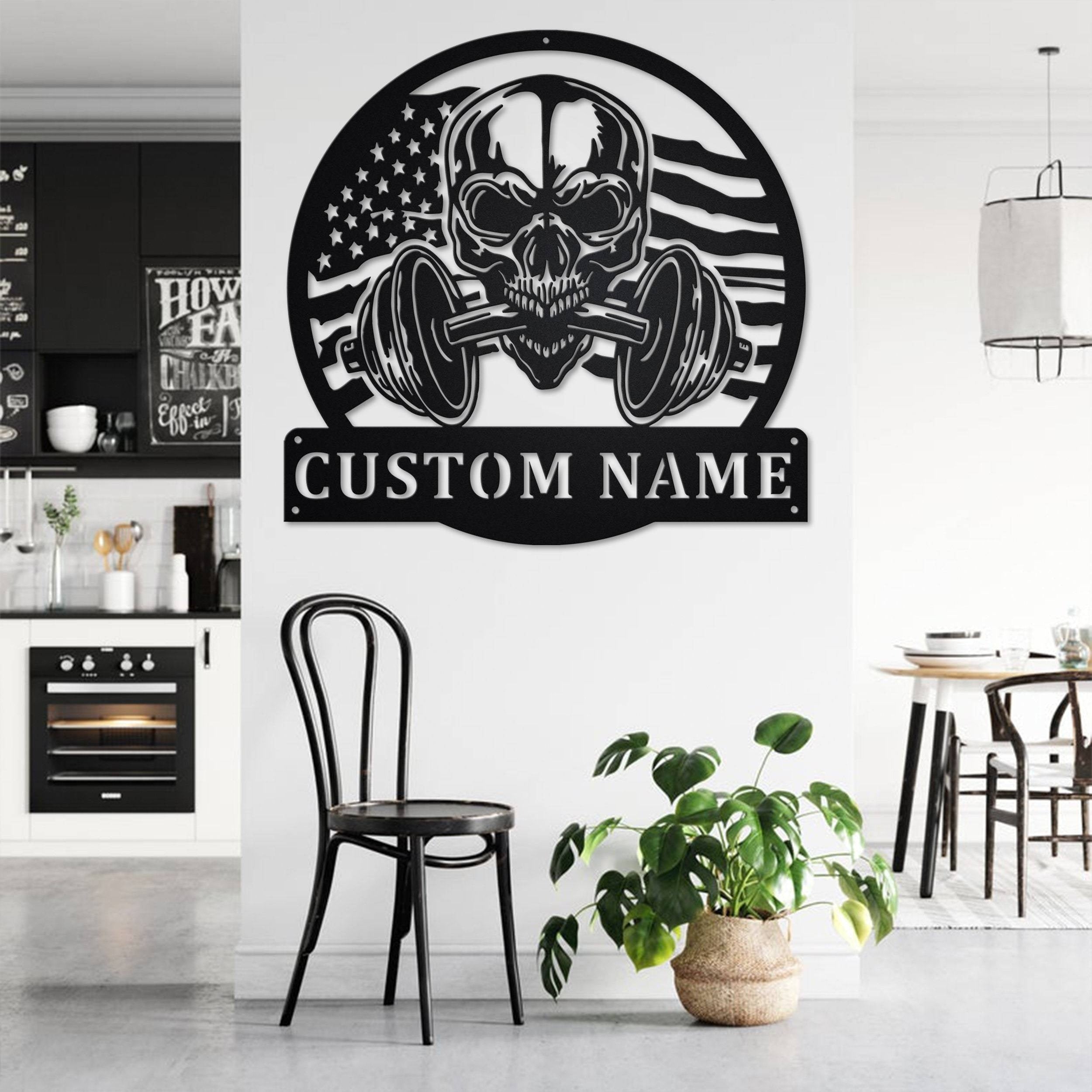 Black Metal Sign with US Flag and Skull Design for Gym Wall Art
