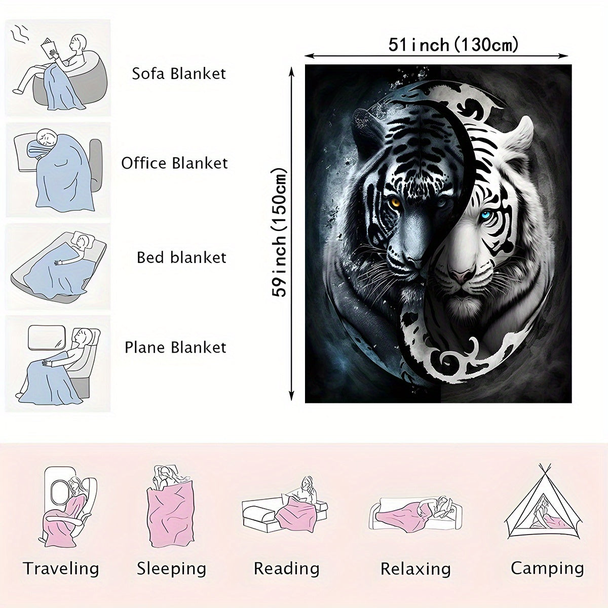 Manta de felpa 3D Yin Yang Tigre de poliéster suave para todas las estaciones, para sofá y cama