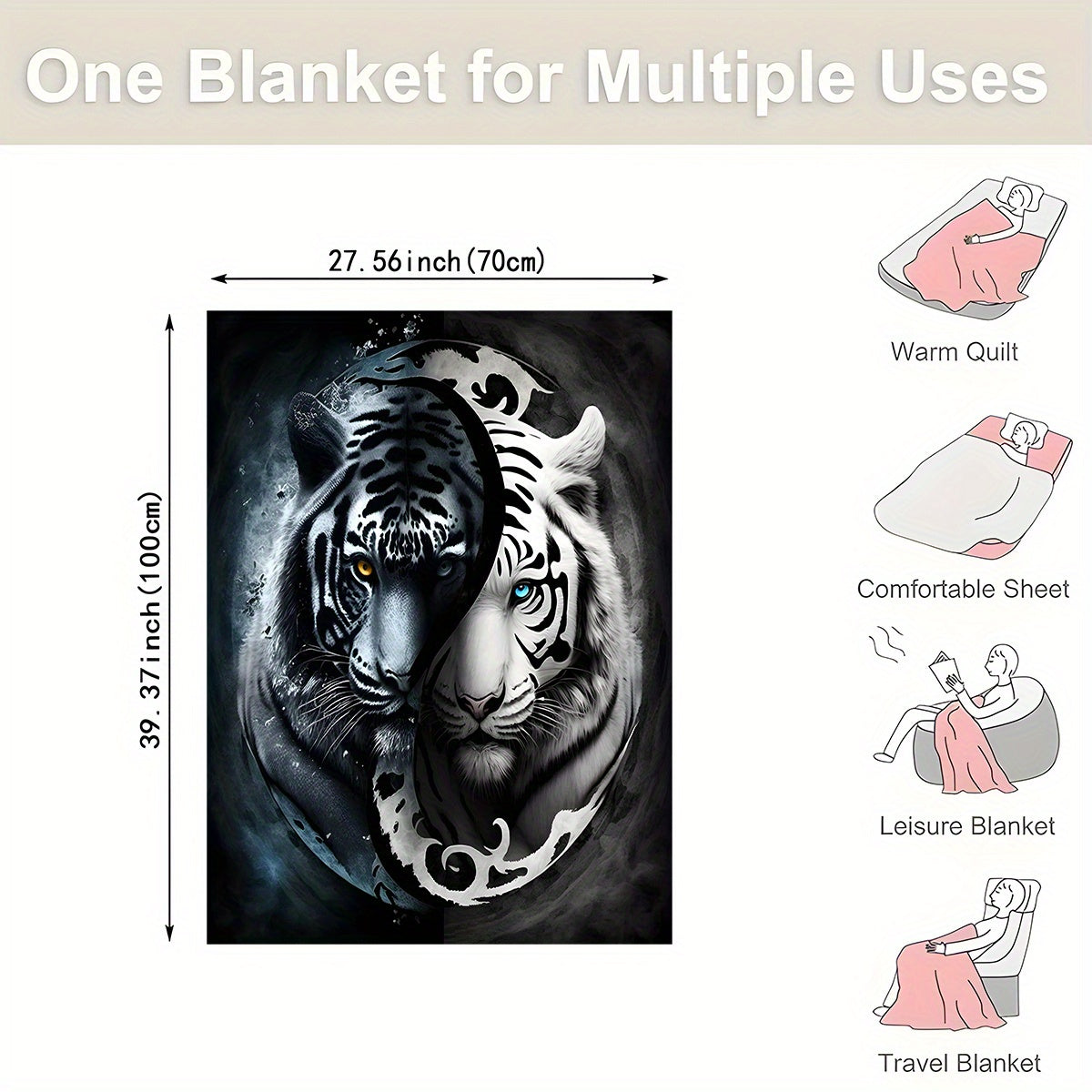 Manta de felpa 3D Yin Yang Tigre de poliéster suave para todas las estaciones, para sofá y cama