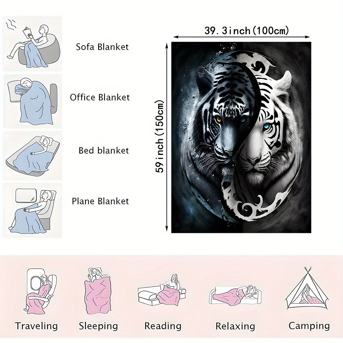 Manta de felpa 3D Yin Yang Tigre de poliéster suave para todas las estaciones, para sofá y cama