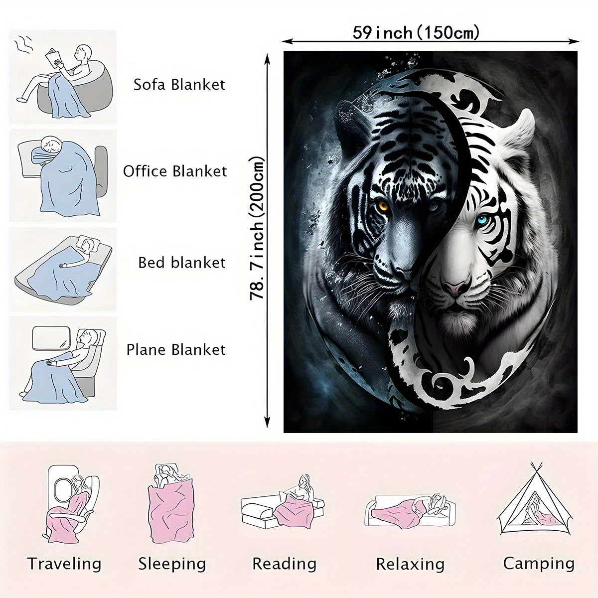 Manta de felpa 3D Yin Yang Tigre de poliéster suave para todas las estaciones, para sofá y cama