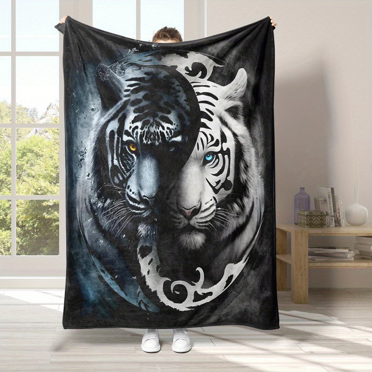 Manta de felpa 3D Yin Yang Tigre de poliéster suave para todas las estaciones, para sofá y cama