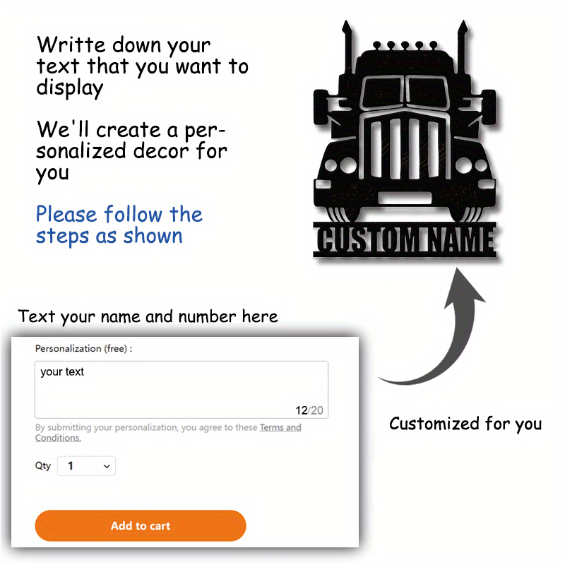 Black Iron Metal Truck Sign with Custom Name Wall Art for Garage and Man Cave Decoration