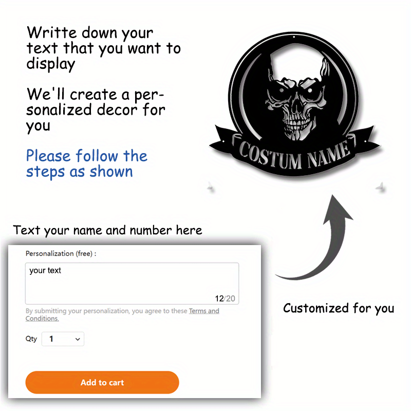 Customized Skull Metal Wall Sign Black Plaque Halloween Dia de los Muertos Decor