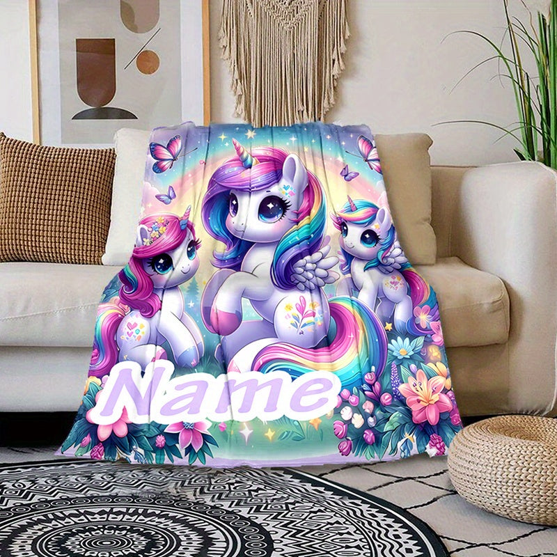 Personalized Unicorn Floral Blanket Soft Warm Cozy Napping Camping Travel Gift