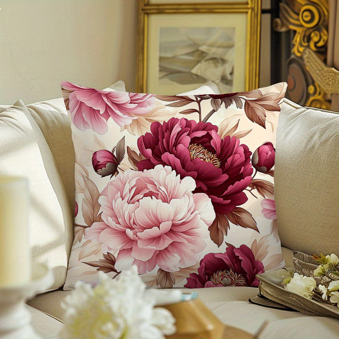 1 шт. Подушка с цветочным принтом пиона, 44,98x44,98 см, с застежкой-молнией, гипоаллергенная, машинная стирка, элегантный декор для дивана и спальни, вставка не включена