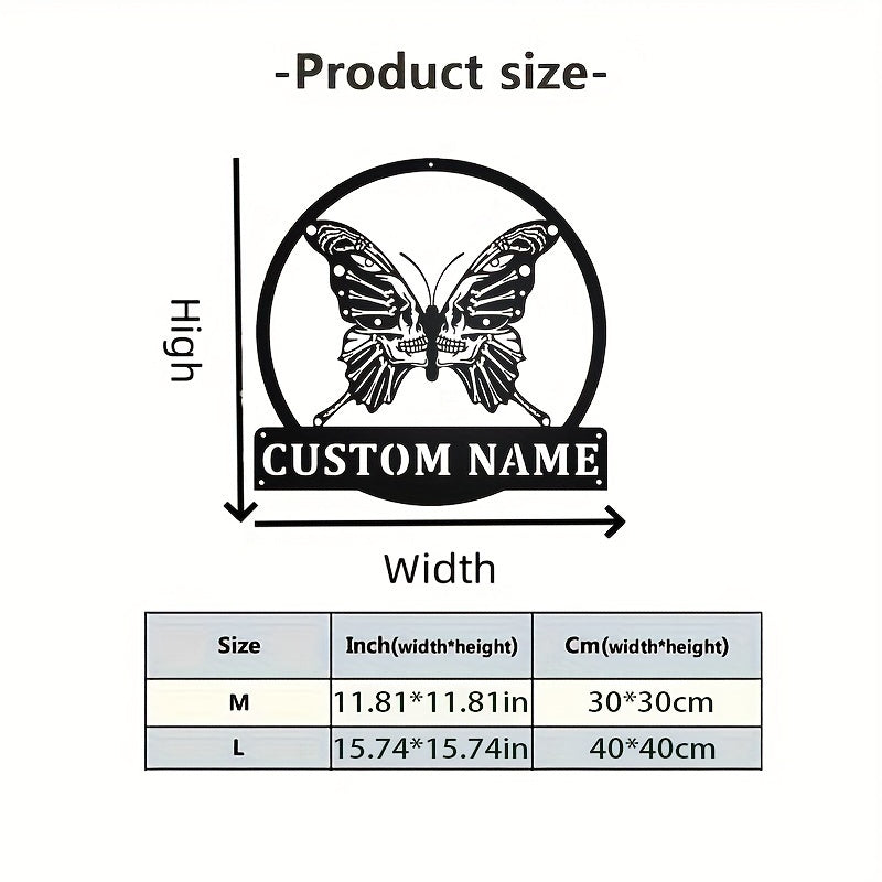 Personalized Metal Wall Art - Black Skeleton Butterfly Sign with Nameplate for Home Decor