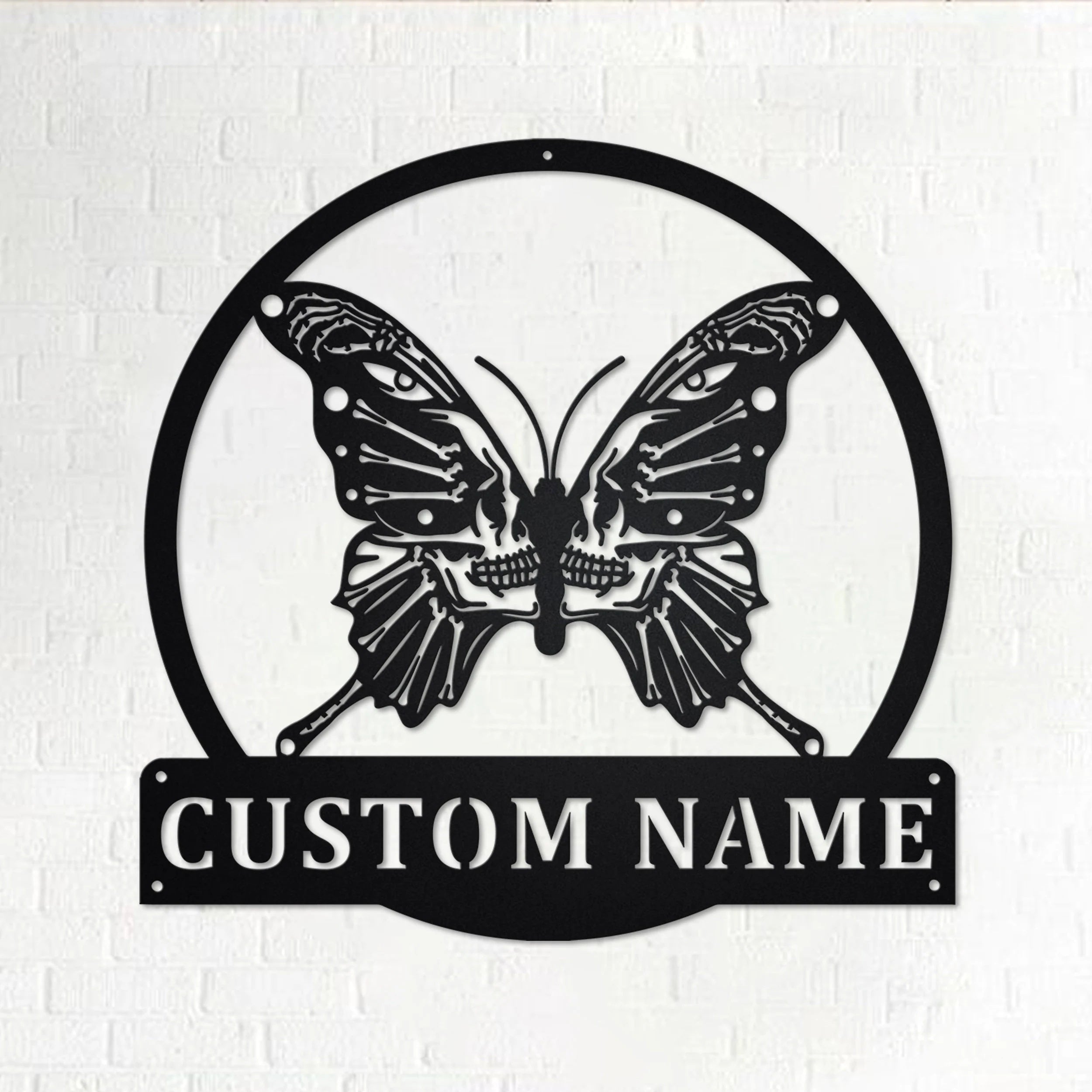 Personalized Metal Wall Art - Black Skeleton Butterfly Sign with Nameplate for Home Decor