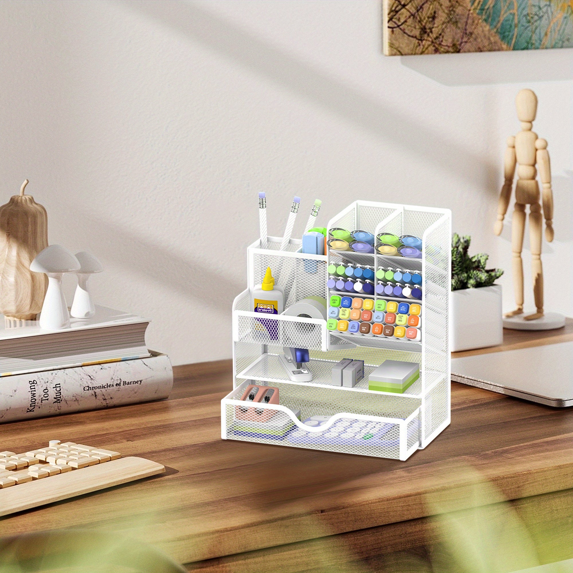 Iron Mesh Desk Organizer with Drawers for Office Supplies Stationery Holder