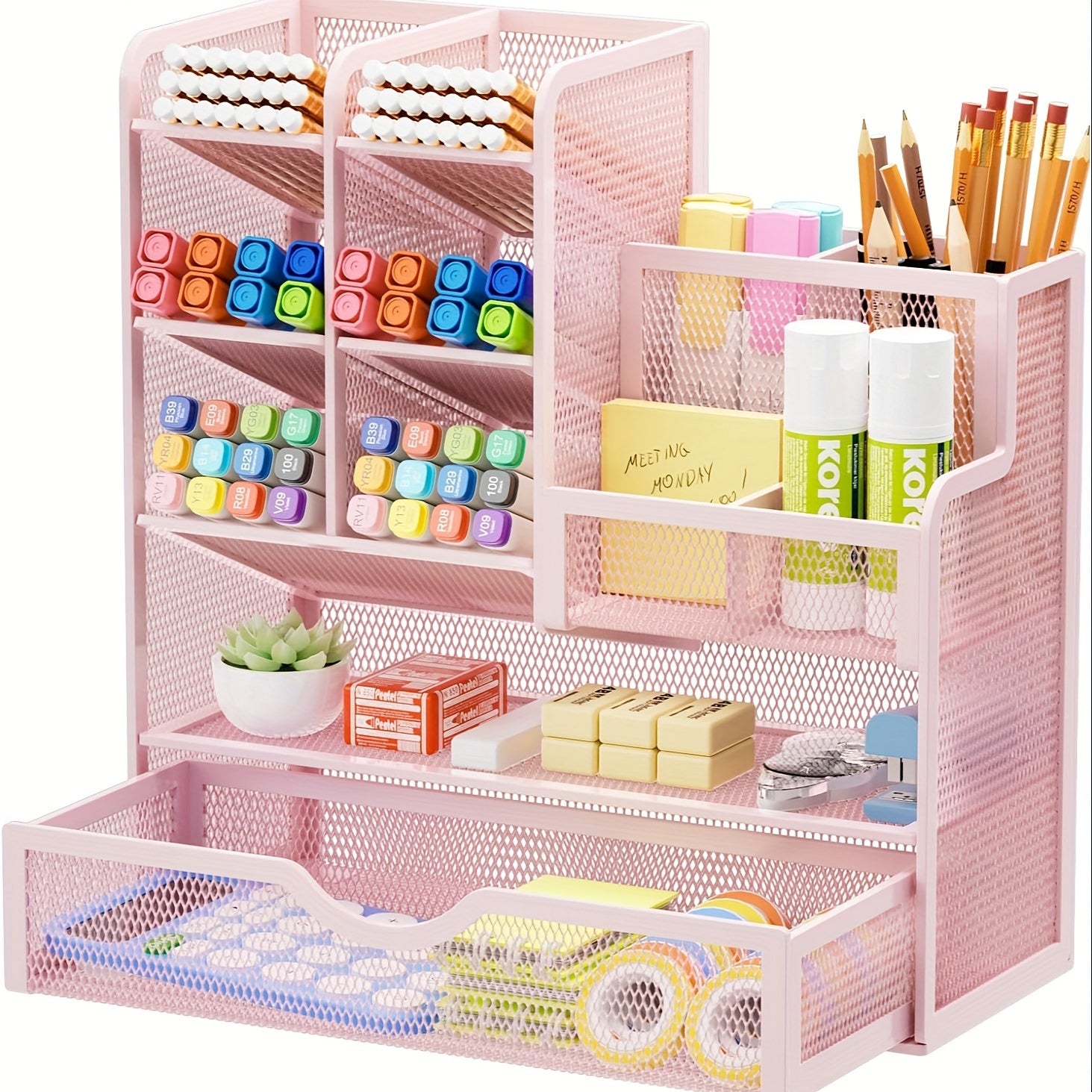 Iron Mesh Desk Organizer with Drawers for Office Supplies Stationery Holder