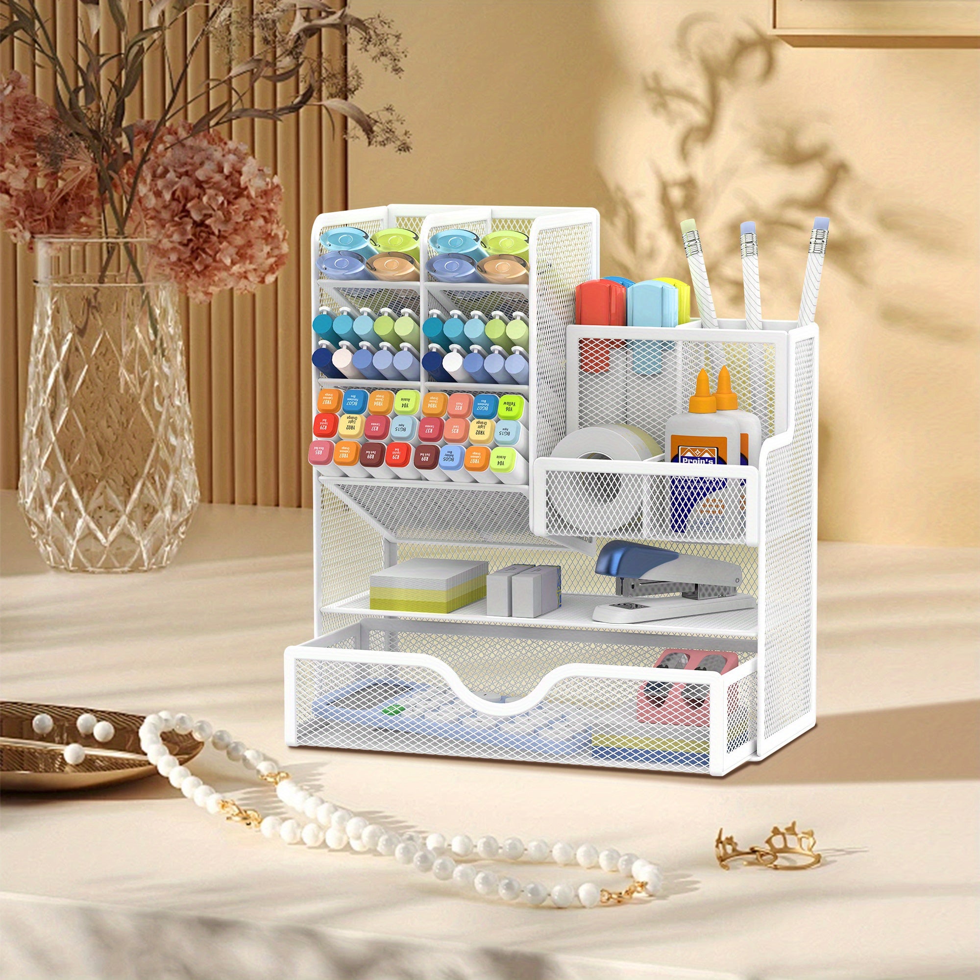 Iron Mesh Desk Organizer with Drawers for Office Supplies Stationery Holder