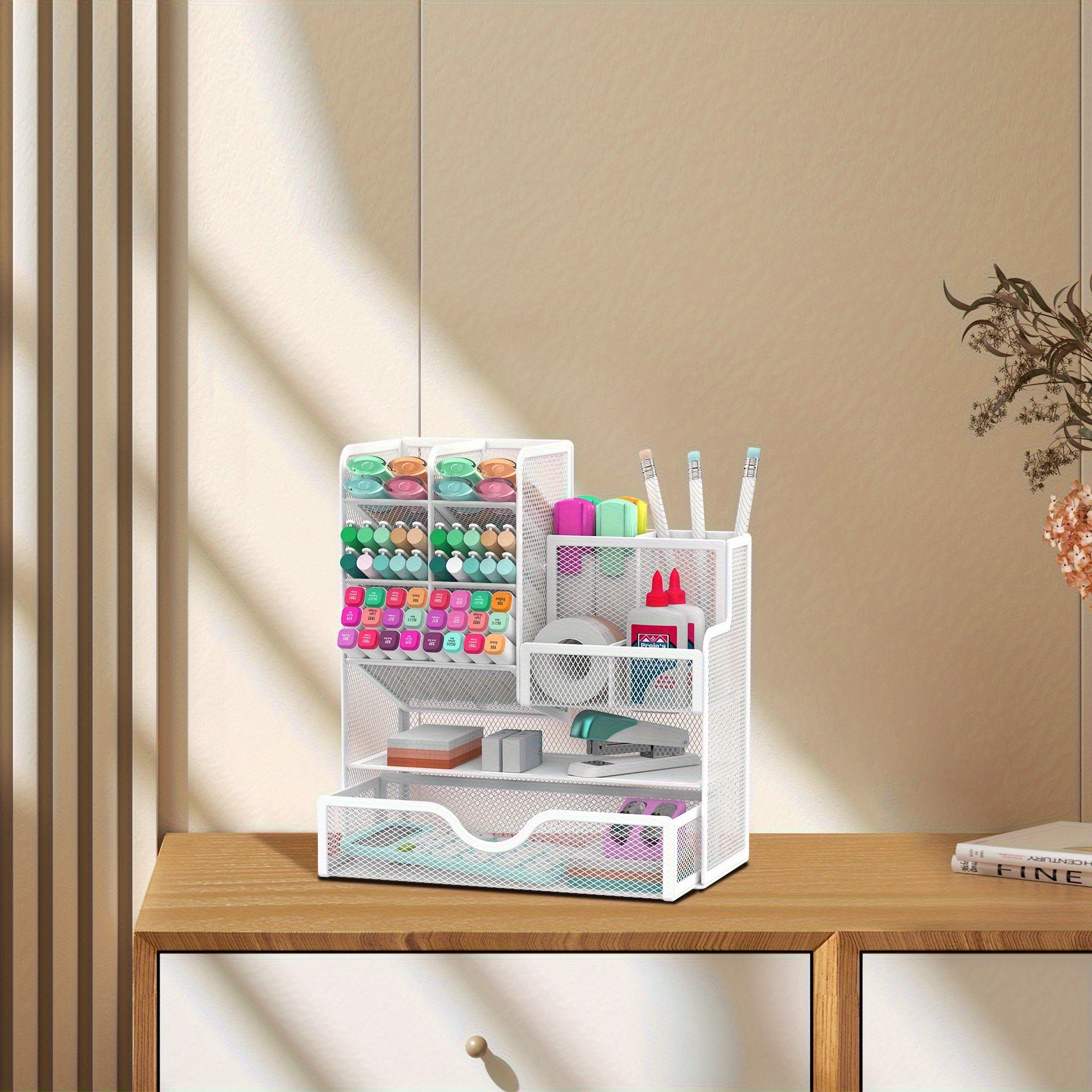 Iron Mesh Desk Organizer with Drawers for Office Supplies Stationery Holder