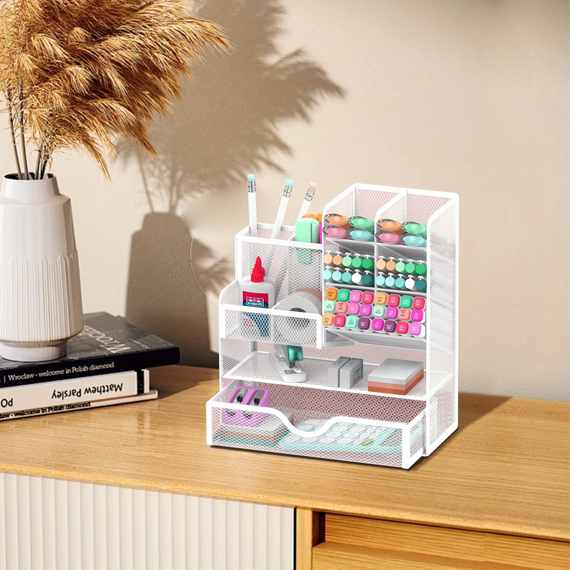 Iron Mesh Desk Organizer with Drawers for Office Supplies Stationery Holder