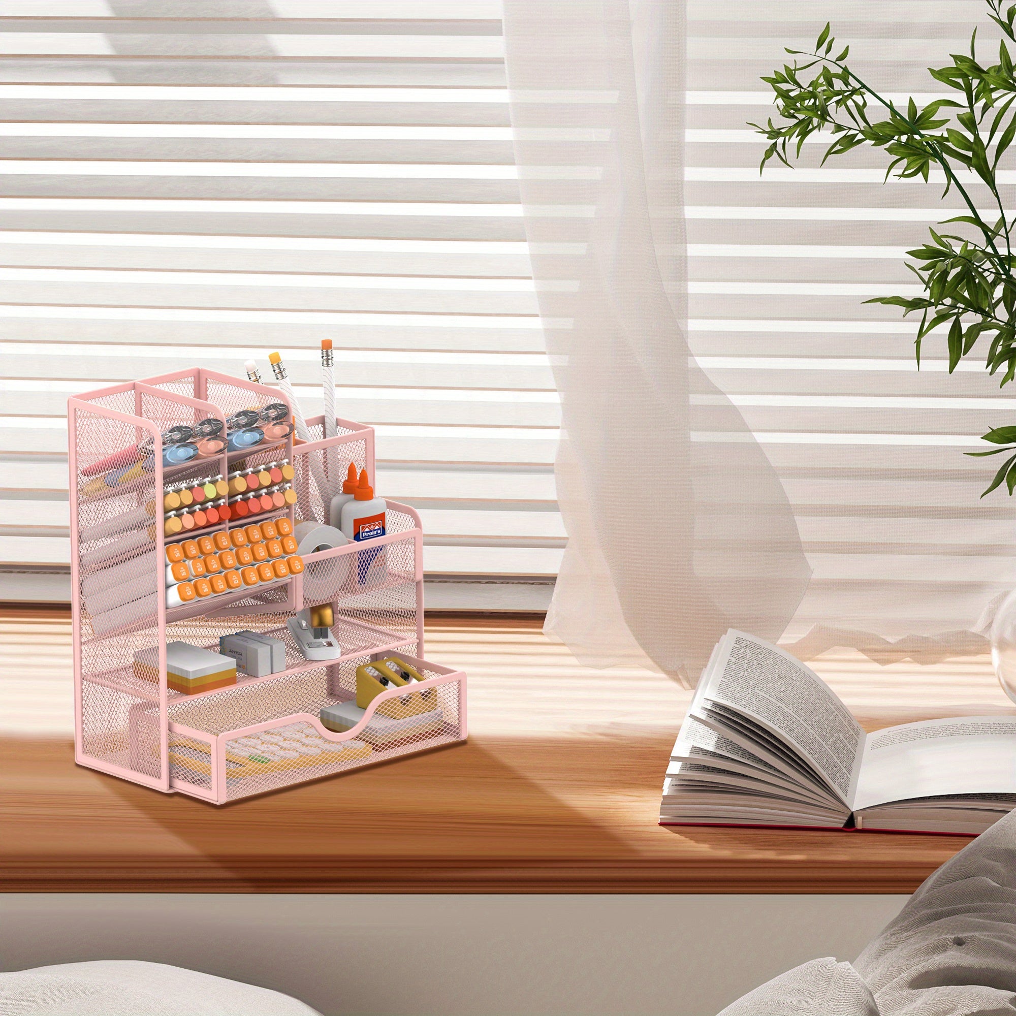 Iron Mesh Desk Organizer with Drawers for Office Supplies Stationery Holder