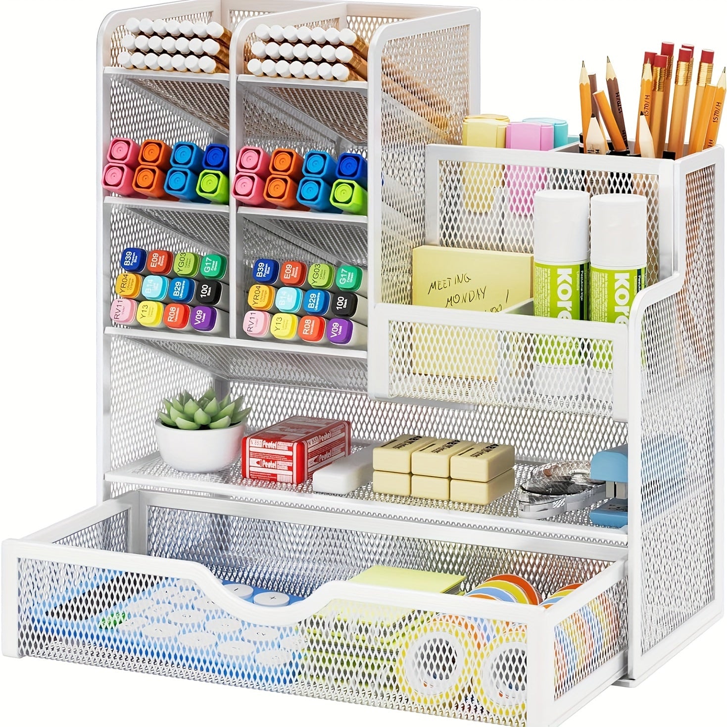 Iron Mesh Desk Organizer with Drawers for Office Supplies Stationery Holder
