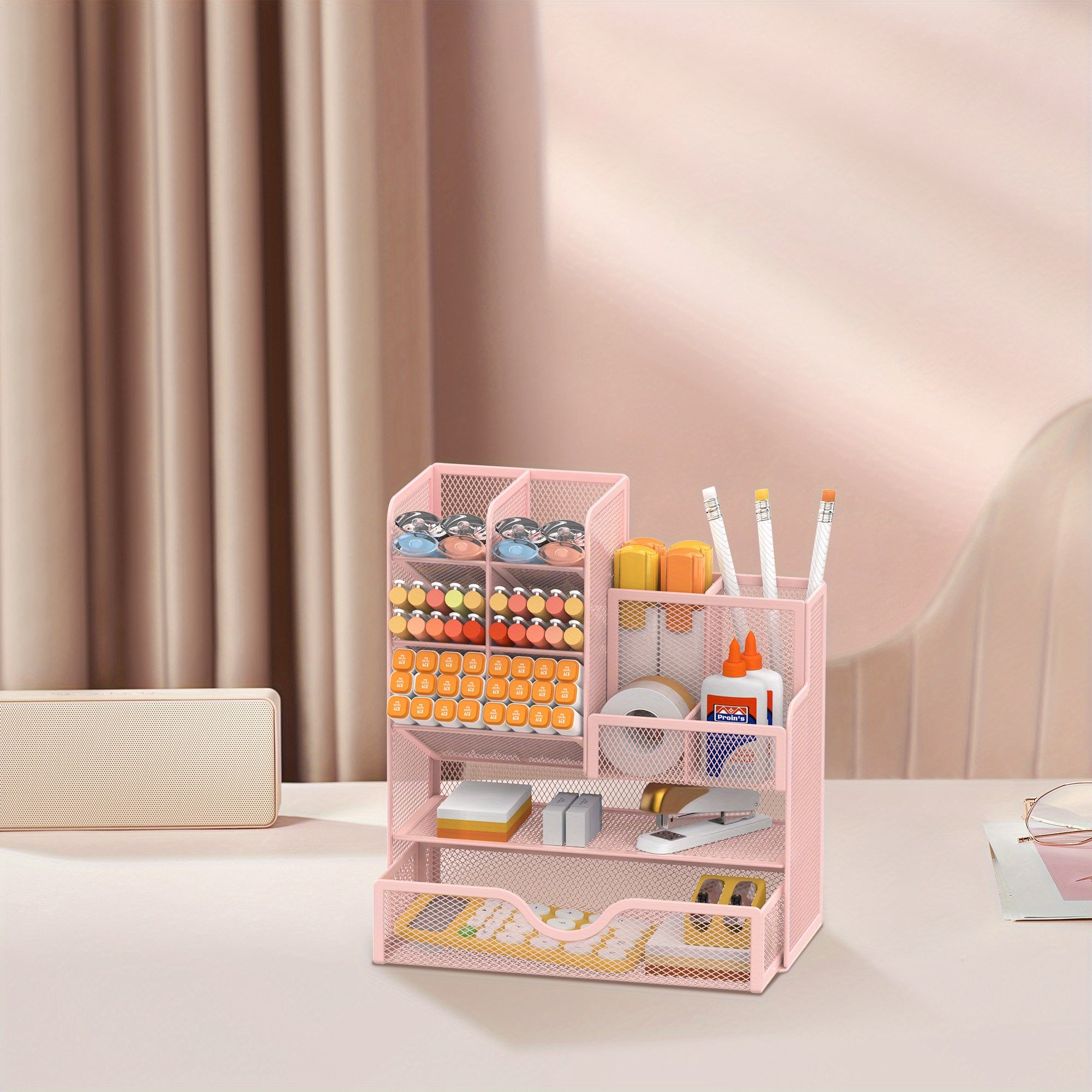 Iron Mesh Desk Organizer with Drawers for Office Supplies Stationery Holder