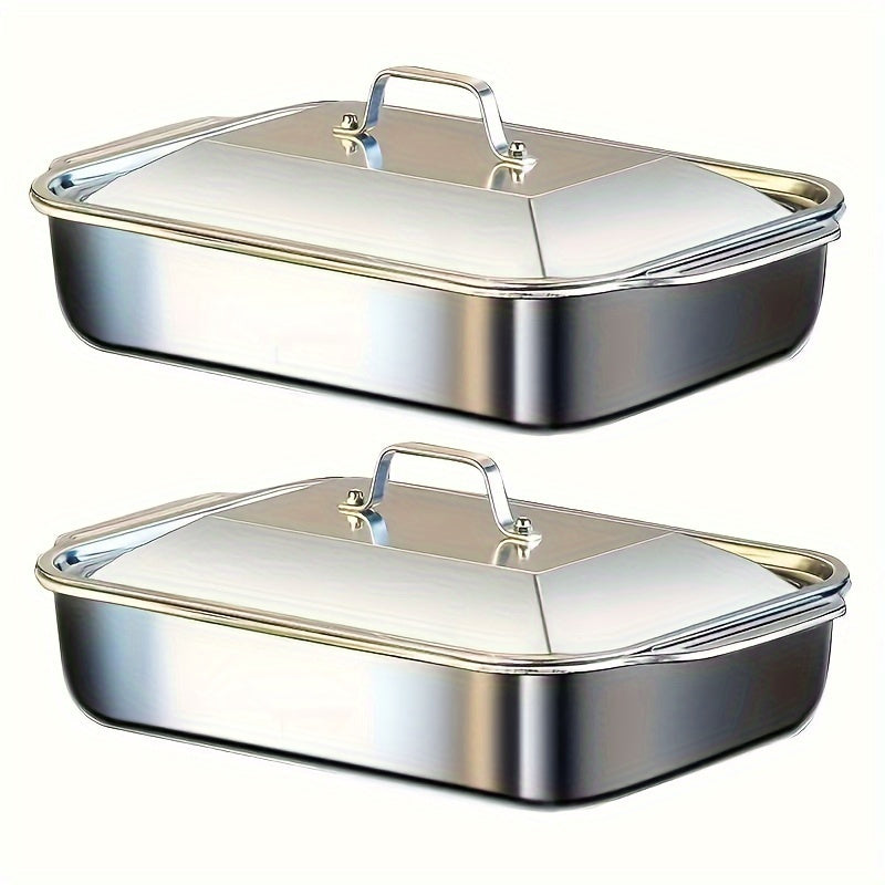 Large Heavy-Duty Stainless Steel Baking Pan with Lid for Desserts Bread Seafood Oven Safe