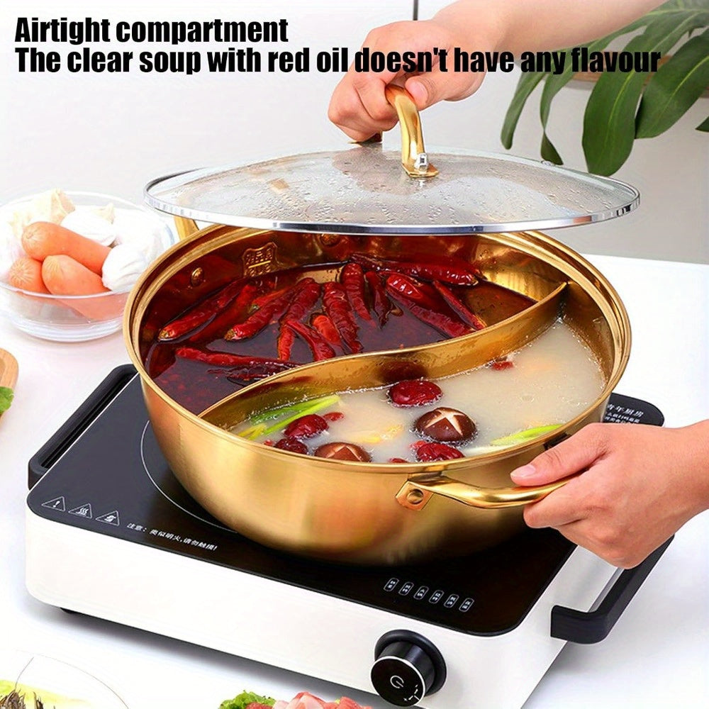 Dual-Sided Stainless Steel Hot Pot with Divider and Glass Lid 30.48cm for Induction