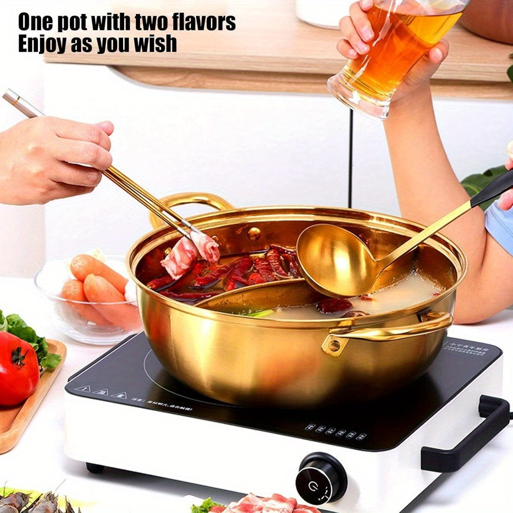 Dual-Sided Stainless Steel Hot Pot with Divider and Glass Lid 30.48cm for Induction