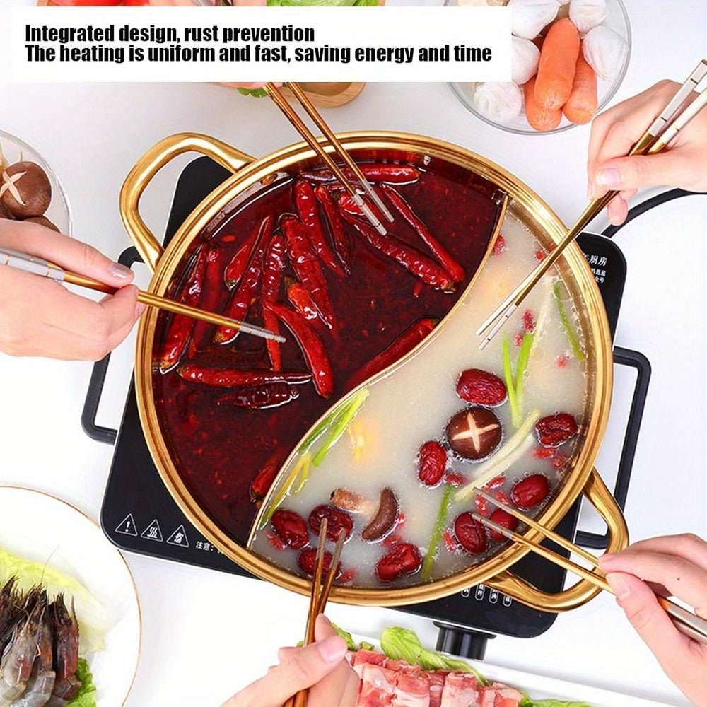 Dual-Sided Stainless Steel Hot Pot with Divider and Glass Lid 30.48cm for Induction
