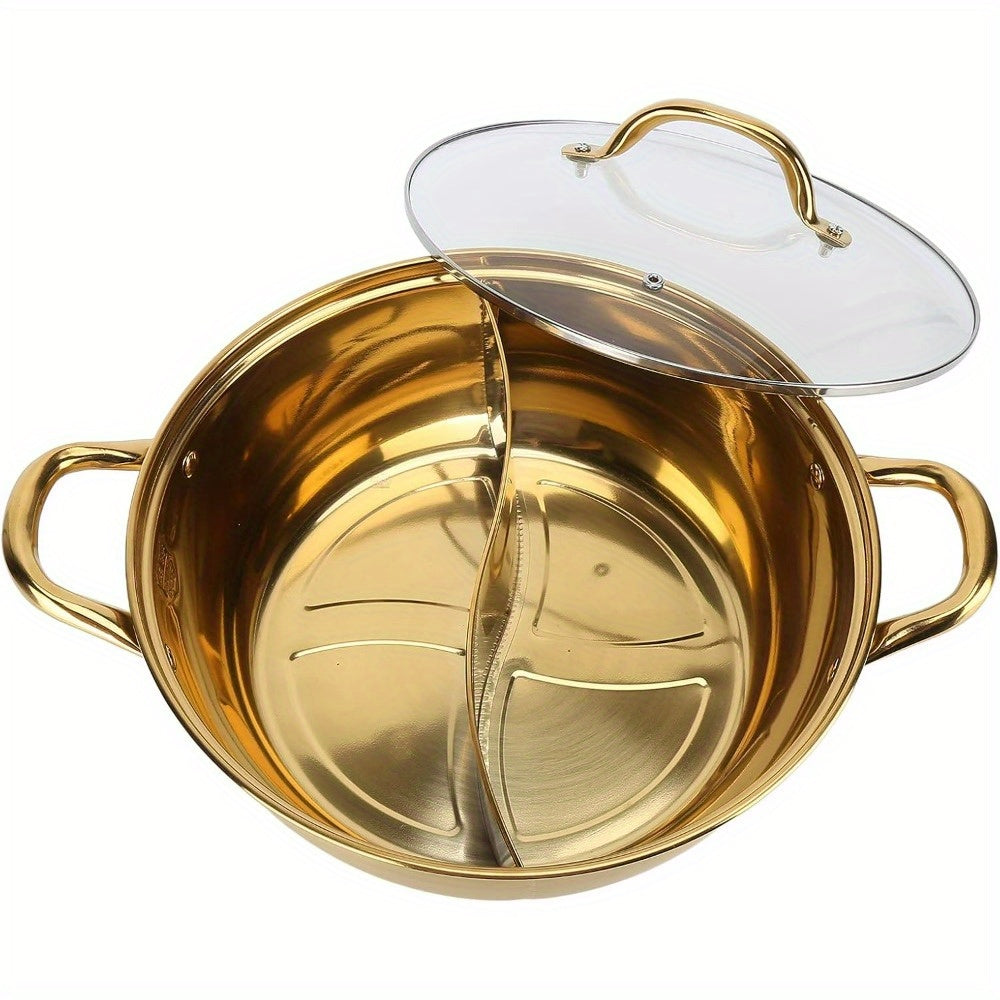 Dual-Sided Stainless Steel Hot Pot with Divider and Glass Lid 30.48cm for Induction
