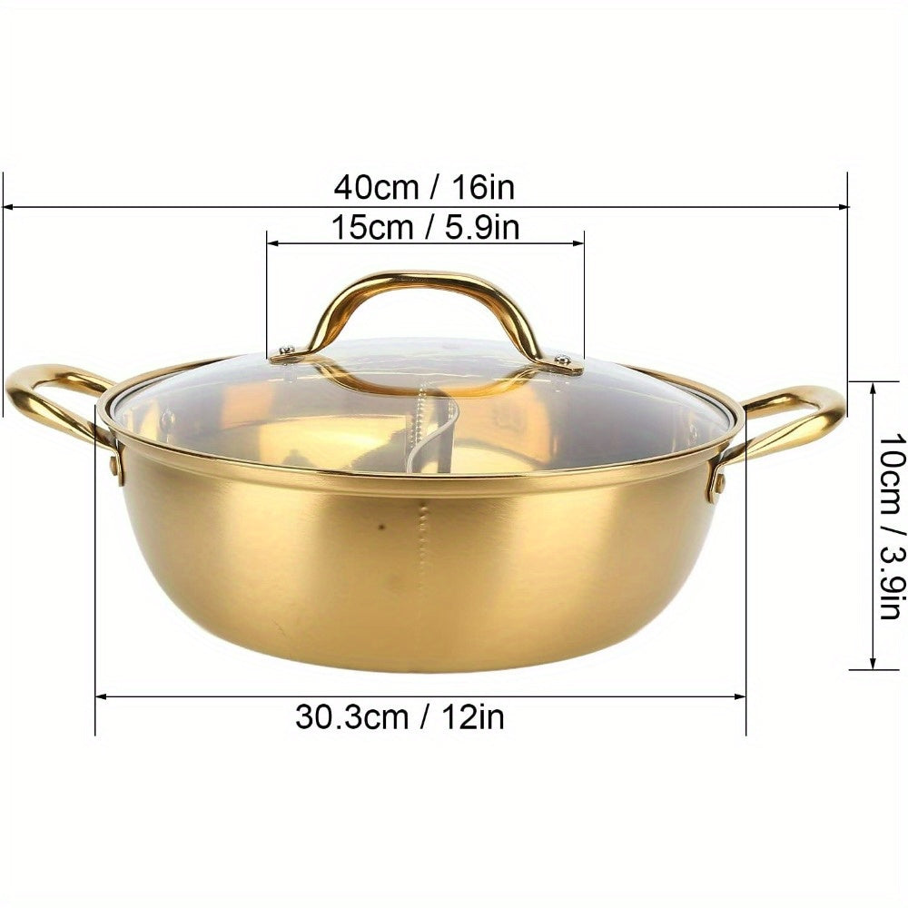 Dual-Sided Stainless Steel Hot Pot with Divider and Glass Lid 30.48cm for Induction