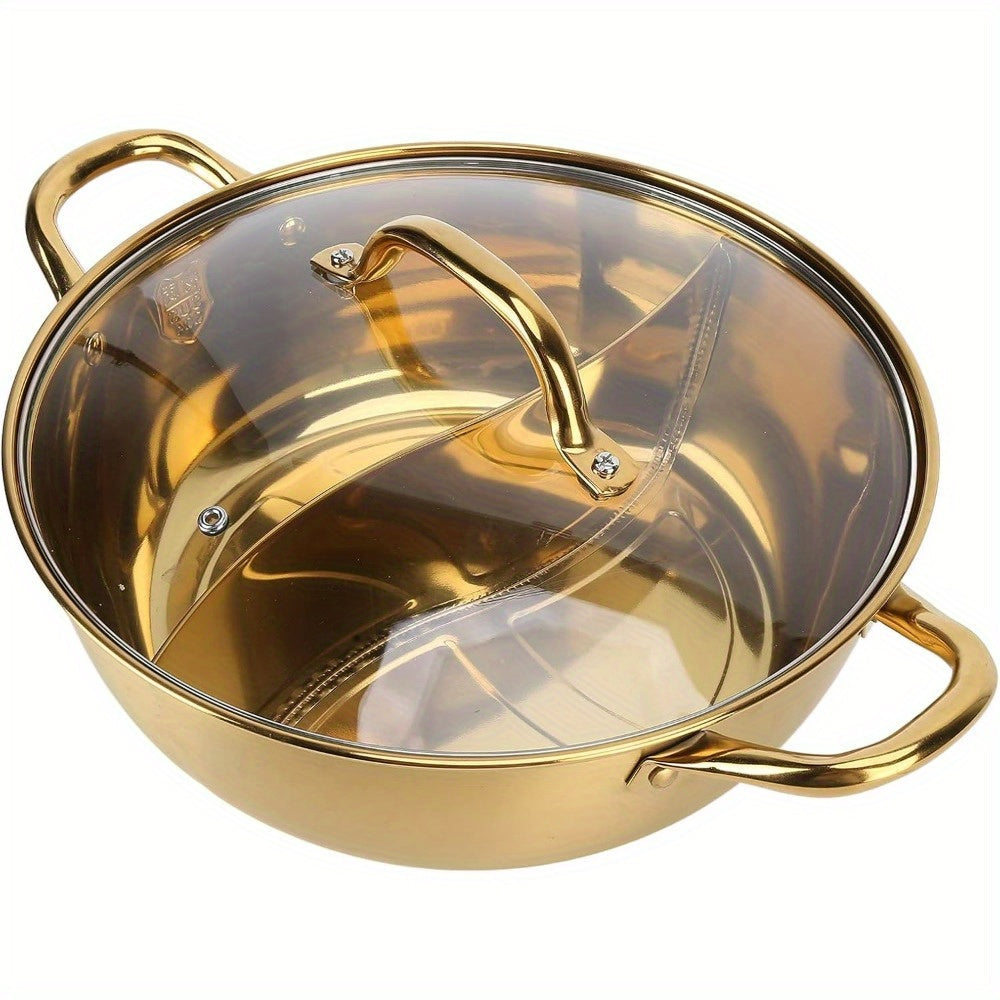 Dual-Sided Stainless Steel Hot Pot with Divider and Glass Lid 30.48cm for Induction